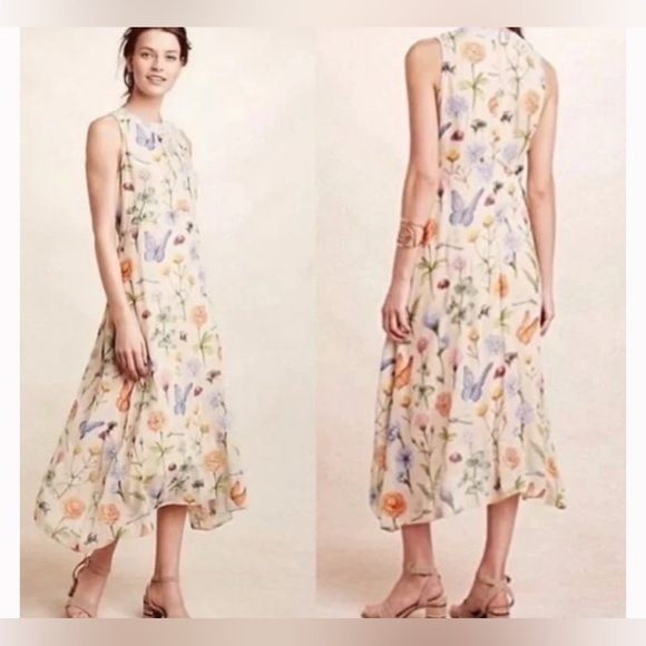 ANTHROPOLOGIE PANKAJ & NIDHI BUTTERFLY GARDEN SLEEVELESS LINED DRESS SIZE 2P - Picture 1 of 7